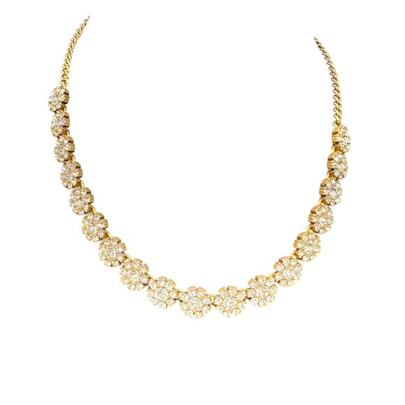 J Crew Clear Rhinestone and Crystal Flower Statement Necklace Gold Tone - Picture 1 of 6